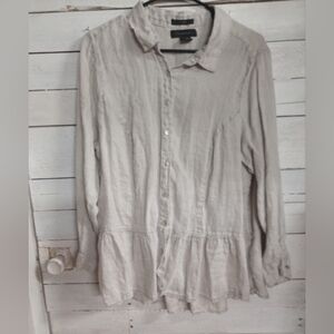 Tahari Greige Linen Shirt Blouse Women's Size 1X Lightweight Peplum Coastal